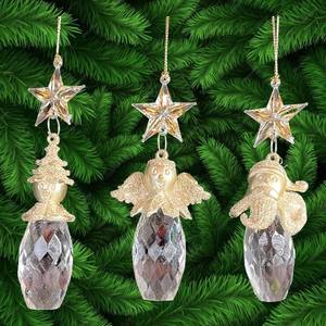 ของตกแต่งบ้านแบบแขวนสำหรับคริสต์มาสและปีใหม่ ขายส่ง ตุ๊กตาหิมะอะคริลิคใสสีทอง รูปนางฟ้า หัวซานต้า พร้อมดาวประดับ - Product Image 2