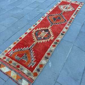 2.6x10.5 ft Rug, Vintage Turkish Rug, <b>Red</b> Orange Camouflage <b>Wool</b> Rug - Product Image 2