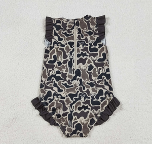 Детский купальник для девочек S0597, летний, с рюшами, на молнии, с принтом «темно-коричневый камуфляж с оленями» - Product Image 5