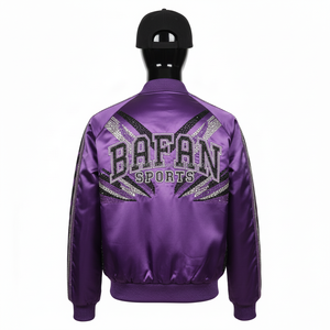Chaqueta de Satén Premium para Mujer, Tela Morada Brillante con Paneles Adornados, Diseño de Logotipo Bordado Personalizado, Chaquetas de Satén para Mujer - Product Image 2