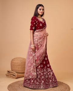Trendmalls Lehenga Choli pour femme en velours brodé coupe trapèze avec dupatta en tulle (L79-Maroon) Écologique Lavable - Product Image 2