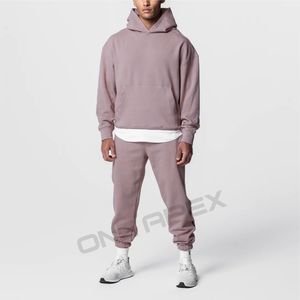 Streetwear de haute qualité survêtements pour hommes en coton lourd bouton personnalisé à capuche pantalons de survêtement ensemble deux pièces - Product Image 2