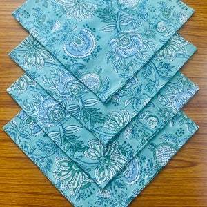 Modern Handmade Indian <b>Block</b>-Printed Cotton Napkins Ridhi's Square <b>Shape</b> in Sapphire Green & Blue for Weddings Home Parties - Product Image 5