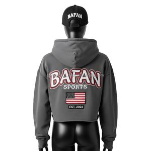 Sudadera Corta de Mujer de Alta Calidad, 320 GSM, Felpa Suave, en Gris Oscuro con Logotipo Bordado Personalizado y Corte Moderno con Bordes Deshilachados - Product Image 2