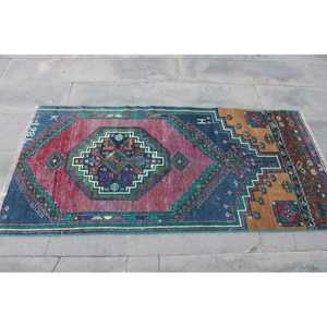Turkish Rug 2.9x5.7 ft, <b>Red</b> Blue Solid <b>Wool</b> Vintage Rug - Product Image 4