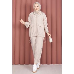 Ensemble décontracté 2 pièces côtelé avec fermeture éclair en beige (coupe ample pour l'été et l'hiver) - Product Image 4