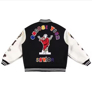 แจ็กเก็ตเบสบอลฤดูหนาวปักโลโก้กำมะหยี่ออกแบบได้ตามต้องการสำหรับผู้ชาย-ผ้าใบทอลำลองไฮสตรีทพร้อมขาตั้งแขนหนัง - Product Image 5