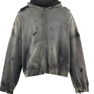 Sudadera con Capucha Extra Grande de Felpa para Invierno, Estilo Urbano, con Cierre, Lavado Ácido, Desgastada, con Dobladillo Deshilachado, Estilo Vintage, Hip-Hop, 100% Algodón - Product Image 1