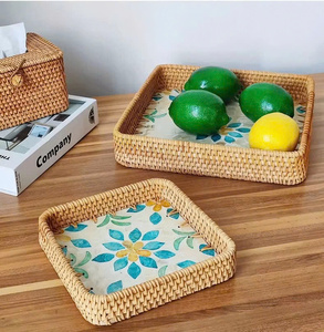 2024 usine gros paniers de rangement plateau de service en bois avec coquille de rotin mosaïque décor à la maison table alimentaire fruits organisateur - Product Image 1