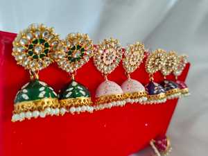 Jhumka meenakari ต่างหูเสื้อมีสีสัน kundan jhumki เครื่องประดับผู้หญิงของขวัญแต่งงานและของที่ระลึกปาร์ตี้ของขวัญสำหรับสวมใส่แบบดั้งเดิมของเธอ - Product Image 5