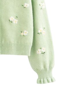 Cardigan en tricot vert menthe personnalisé pour femme avec imprimé floral, col en V à volants, boutonné devant, mode d'hiver mignonne - Product Image 5