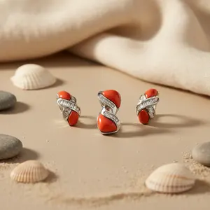 Juego de Joyería Fina para Mujer, Aretes y Colgante de Coral Plateado, Chapado en Oro con Circonita, Estilo Clásico para Fiestas y Bodas - Product Image 1