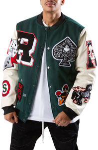 Chenille Embroidered Varsity Jacket <b>Stand</b> Collar Stylish Retro High Street Letterman Front Side Pockets Customizable - Product Image 5