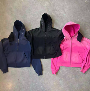 Ropa de calle personalizada para hombre, sudadera recortada con cremallera, sudaderas con capucha de alta calidad para hombre, sudaderas con estampado de diamantes de imitación lavados con ácido - Product Image 6