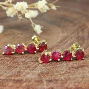 Herzform 4 Stein Rubin Ohrringe Ohr stecker und baumeln für Frauen Vintage Minimalist Sterling Silber 14 Karat vergoldet - Product Image 5