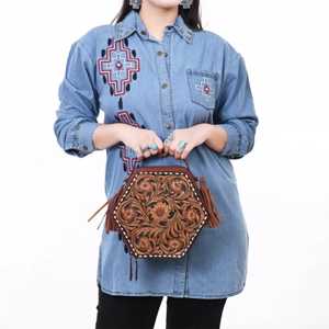 Direct From Factory Manufacturer Western Bohemian Design Floral Hand Tooled <b>Crossbody</b> Tote <b>Bag</b> with Zipper Closure Autumn - Product Image 5