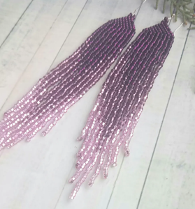 Boucles d'oreilles à franges perlées Boucles d'oreilles en perles violettes Crochet d'oreille en argent 925 Boucles d'oreilles longues Boucles d'oreilles en perles Ombre Bijoux en perles - Product Image 2