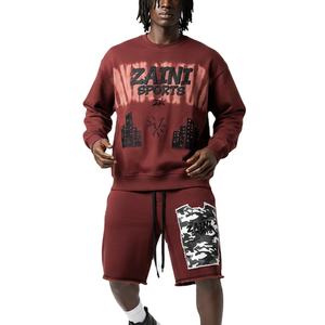 Ensemble sweat-shirt et short pour homme en coton poly French Terry épais, couleur bordeaux, effet délavé, avec logo patch. - Product Image 1