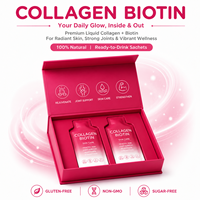 Sachets liquides de collagène et biotine pour adultes OEM/ODM 10g, peptides hydrolysés, 5000mcg de biotine, acide hyaluronique, vitamines C et E, 30mL pour la peau