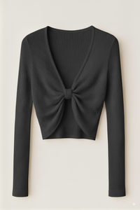 Suéter Corto de Punto Acanalado, Cuello en V, Manga Larga, con Nudo en la Parte Delantera, 100% Algodón, Ecológico y Transpirable para Mujer - Product Image 2