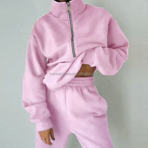 Ensemble de deux pièces en polaire pour femmes-Hiver-Sports-Costume chaud décontracté-Sweatshirts à fermeture éclair et pantalons-Survêtements - Product Image 1