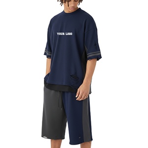 Streetwear Men Distressed Boxy Fit Men's Tshirt Heavyweight 100% Cotton Rib CrewNeck Oversized Streetwear T-Shirts <b>Set</b> for Men - Product Image 1