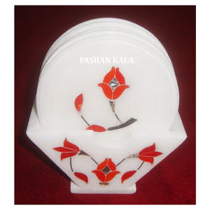 Unique Design White Marble Inlay Round Shape <b>Coaster</b> <b>Set</b> For Home Decor And Business Gift Exclusive Handicrafts Item Supplier - Product Image 1
