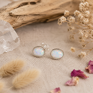 Elegant Oval White Opal <b>Stud</b> <b>Earrings</b> Width 6 Mm <b>Set</b> In Polished 925 <b>Sterling</b> <b>Silver</b> White Gemstone Special Occasion Party Wear - Product Image 3