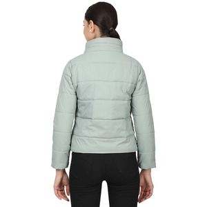 Women's Light Green Quilted <b>Jacket</b> Stand Collar Full Sleeve Zipper Closure Short Length Polyester Shell Autumn Wear - Product Image 2