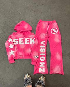 Survêtement personnalisé brodé lavé à l'acide solide 100% coton survêtement à capuche col évasé avec pantalon évasé - Product Image 1