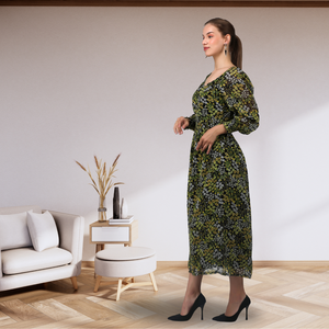 Verde Negro Estampado floral Vestido largo Mangas de globo Escote en V Adornado Casual Semi Formal para ocasiones de fiesta Natural - Product Image 3