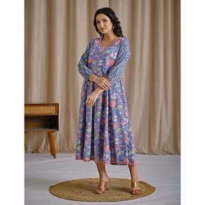 Vestido Anarkali Azul con Estampado de Algodón Hecho a Mano, Estilo Pakistaní, Salwar Saree Indio Hecho de Modal y Georgette - Product Image 6