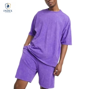 Conjunto de Camiseta de Cuello Redondo Morada para Hombre, Marca INDEX APPAREL, de Algodón Tejido, Informal, de Verano, de 2 Piezas, Color Sólido, Manga Corta y Pantalones Cortos - Product Image 1