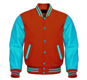 Premium Letterman Baseball Varsity Veste Hommes Collège Lycée Toile Coupe-Vent Orange Laine Mer Bleu Manches En Cuir Véritable - Product Image 1