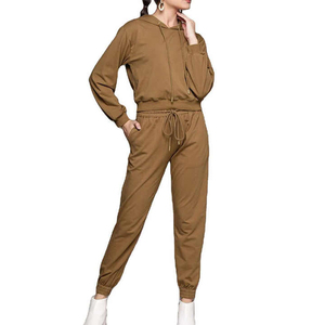 Femmes de haute qualité 100% coton hiver à capuche décontracté écologique survêtement couleur unie deux pièces Jogging ensemble coupe régulière OEM - Product Image 1
