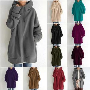 OEM Vente en gros bonne qualité 400gsm Fashion Design automne style long sweat à capuche en polaire à fermeture éclair manches longues couleur unie pour femmes - Product Image 6
