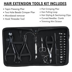 Kit d'outils pour extensions capillaires : Applicateur de bandes adhésives, Pince à micro-perles, Pince à sertir plate argentée, Crochet à boucle de fil et Pinces de sectionnement - Product Image 2