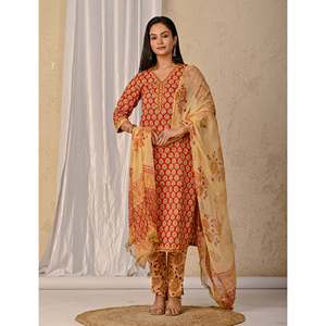 Conjunto de pantalón y kurta Anarkali estilo indio rojo, de algodón estampado Butta Block con tela de red de seda, ropa étnica para fiestas y ocasiones especiales. - Product Image 4