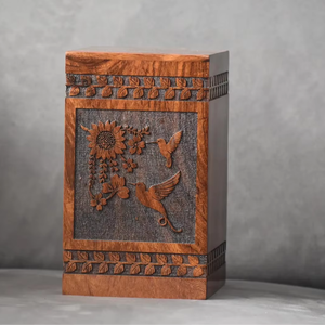 Urne en palissandre faite à la main sculptée tournesol et colibri mémorial souvenir urnes de crémation pour cendres adultes - Product Image 1