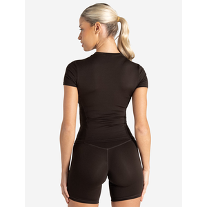 Venta caliente Espresso camiseta de gimnasio para mujer elástico de longitud completa de manga corta cuello redondo y poliéster nueva camiseta de entrenamiento de Yoga informal - Product Image 2