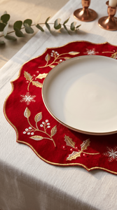 Set de 12 Napperons de Noël Brodés Faits Main Personnalisés, Motif Houx Doré, 100% Polyester, Décoration de Table, 80x120cm - Product Image 2
