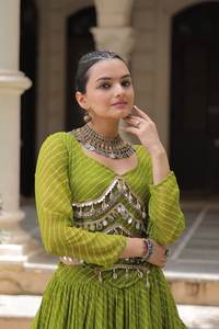 LAUNCHING FESTIVE MODERN PARTY WEAR LEHENGA CHOLI FABRIC LEHERIYA PRINT WORK with ATTRACTIVE <b>GOTA</b> PATTI LACE - Product Image 2