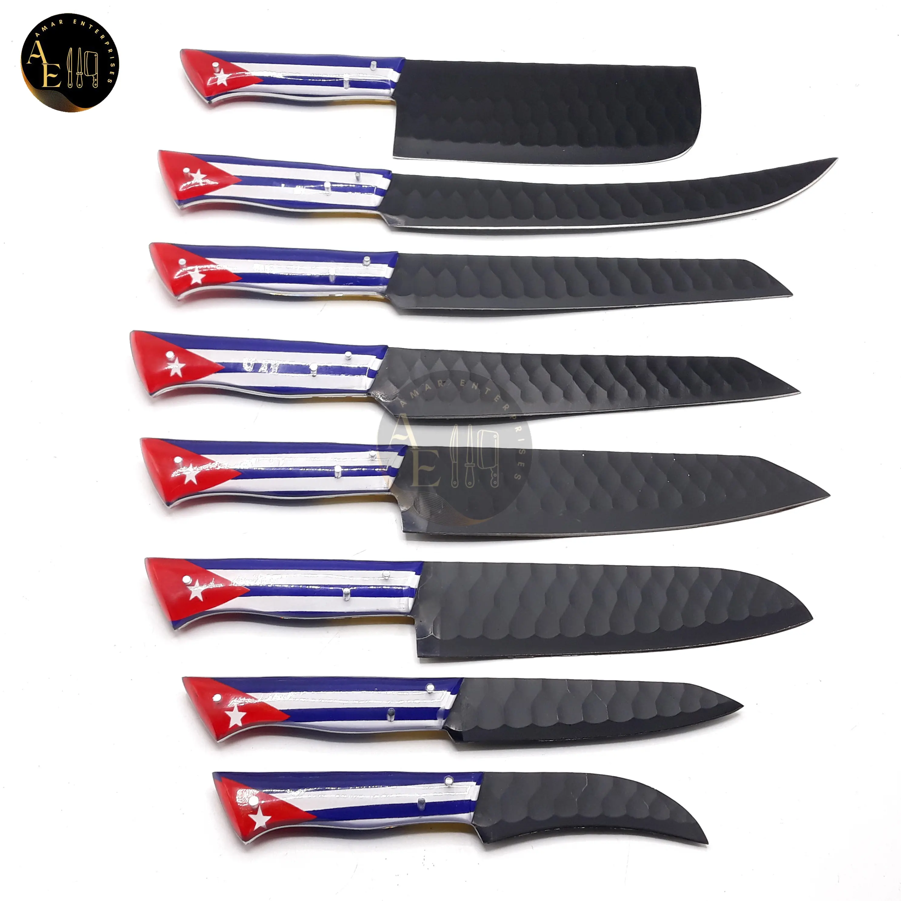 Juego de cuchillos de cocina de 9 piezas con cuchillas de revestimiento negro de acero D2 y asas de bandera de Cuba con el kit de rollo de cuero de piel de vaca pura