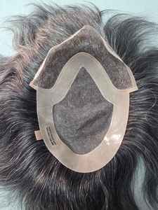 Taz Hair BD Fusion Perruque toupet en cheveux humains Remy à trame nouée à la main, base en dentelle frontale, couleur mixte 1B, patchs capillaires gris, prothèse capillaire - Product Image 5