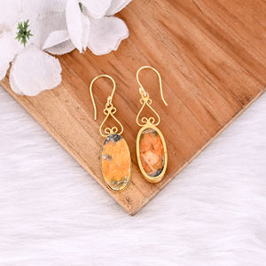 Boucles d'oreilles bohèmes en laiton avec jaspe abeille, bijoux ethniques faits à la main, plaqué or de haute qualité, commande en gros - Product Image 4