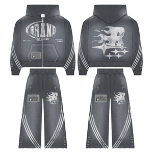 Streetwear survêtement personnalisé vintage délavé à l'acide pour hommes, sweat à capuche respirant à fermeture éclair et pantalon de survêtement évasé avec sérigraphie - Product Image 2