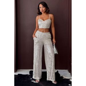 Topshow <b>Red</b> <b>Sequined</b> Wide Leg Women's Trousers for Stylish Evening Party Combinations and Elegant Night Outfits - Product Image 1