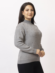 Suéter de Punto para Mujer, Cuello Alto, Manga Larga, Color Sólido, con Detalle de Tachuelas, Estilo Casual, para Invierno, Suave, Cálido y a la Moda - Product Image 3