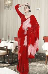 Sari de soirée élégant en georgette brodée, dernière tenue ethnique indienne, style designer, stock disponible, commandes en gros bienvenues - Product Image 4