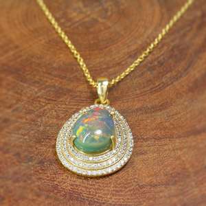 Big Black <b>Opal</b> Traditional <b>Pendant</b> <b>Necklace</b> 925 Sterling Silver Gold Plated Handmade Charm With Zircon Gift For Her - Product Image 2